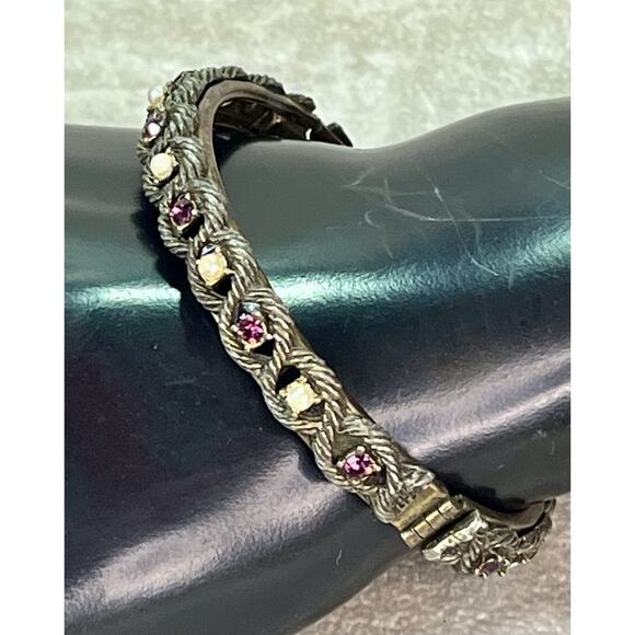 VTG Victorian Revival Hinged Bangle Amethyst Seed Pearls Safety Chain - Picture 11 of 16